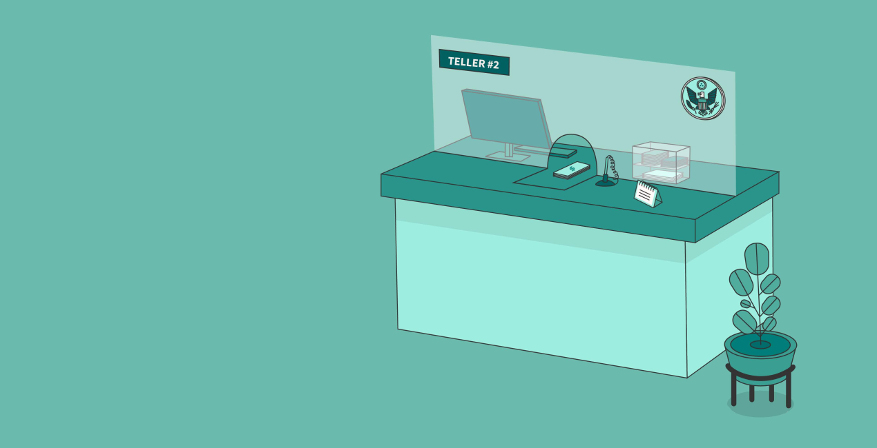 Ilustración de un mostrador de cajero bancario..