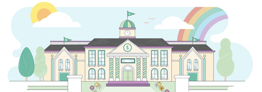 Brightly colored illustration of a classical style school building with a rainbow.