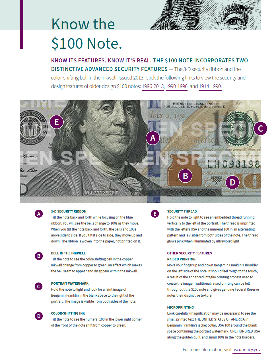 An image of the “Know the $100 Note” page in the Teller Toolkit detailing several security and design features of $100 Federal Reserve notes