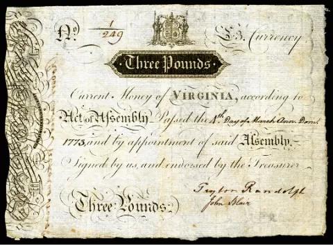 Colony of Virginia Three Pound Banknote