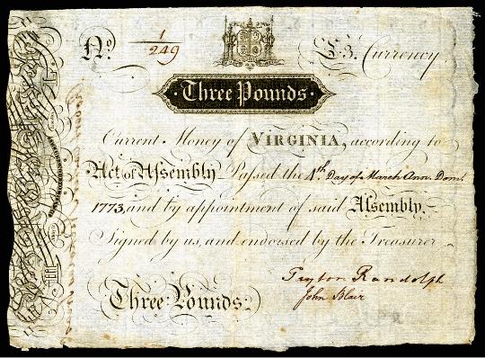 Billete de tres libras de la Colonia de Virginia