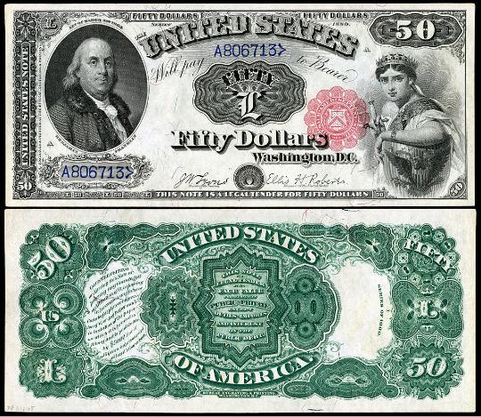 Billete de $50 de los Estados Unidos que retrata a Benjamin Franklin y la libertad. 