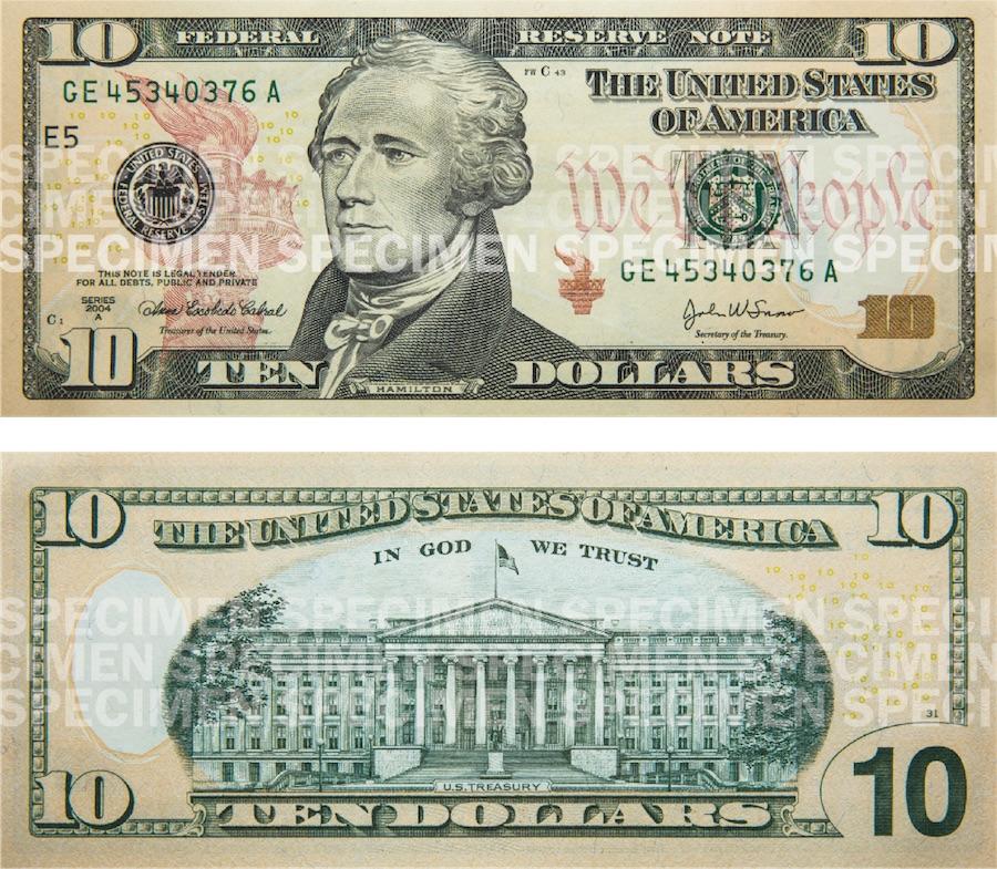 Photos showing a $10 bill front and back.