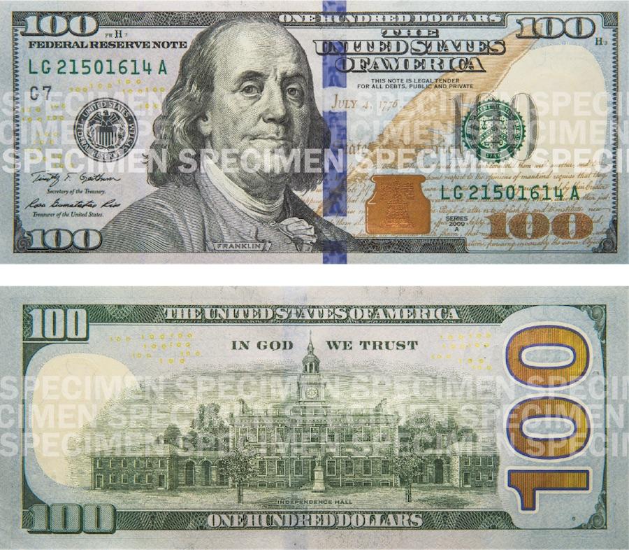 Photos showing a $100 bill front and back.