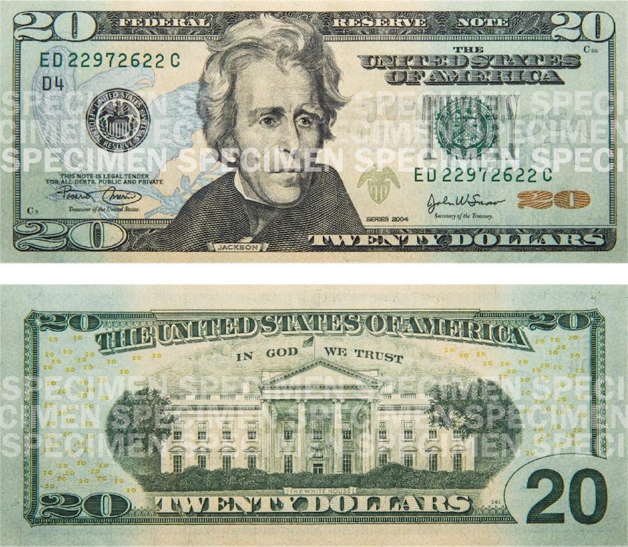 Photos showing a $20 bill front and back.