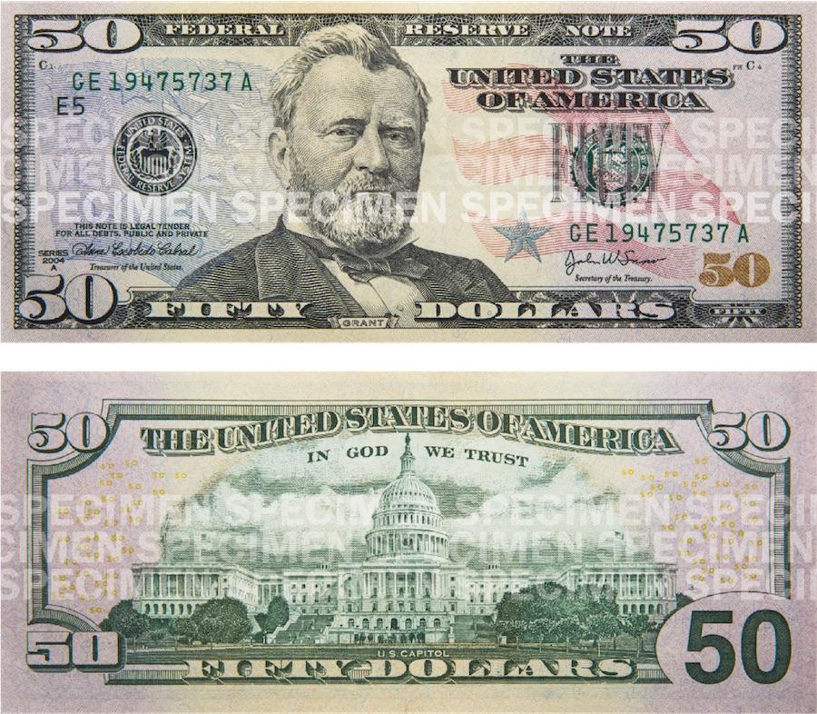 Photos showing a $50 bill front and back.
