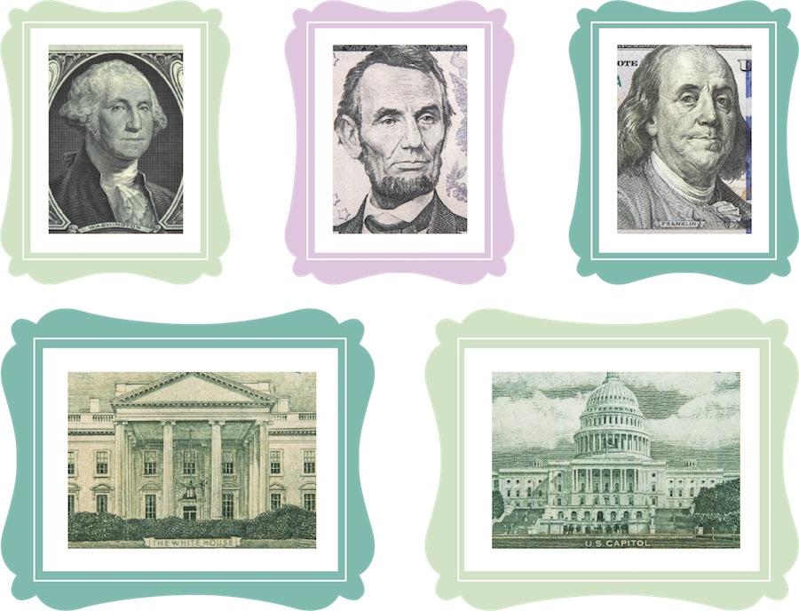 Three colorful picture frames containing close-up images from bill art depicting the portraits of George Washington, Abraham Lincoln, and Ben Franklin. Two picture frames below the portraits show the White House and Capital building.