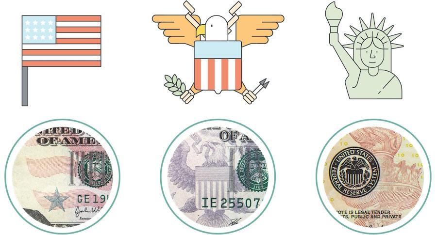 Five circles showing zoomed-in areas of bills that depict fine lines in the art.