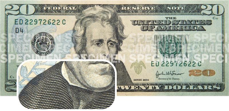 A $20 bill with a section zoomed-in to show the raised texture over the shoulder of Andrew Jackson's portrait.