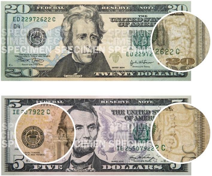 Close-ups of watermarks on the $20 and $5 bills.