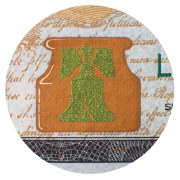 A copper inkwell with green bell within, on the bottom of the $100 bill.