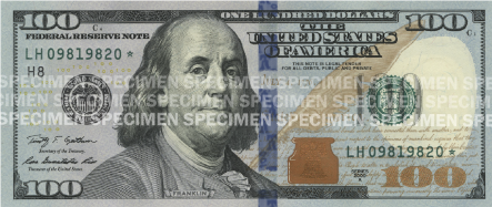 The front of a $100 bill, flat.