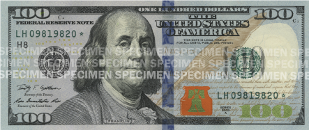 The front of a $100 bill, tilted backwards.