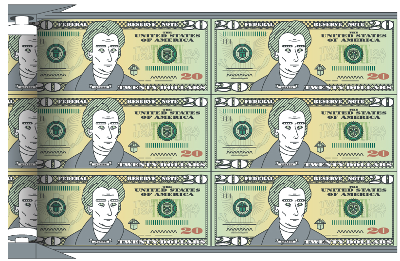 Billetes de $20 se imprimen en una prensa