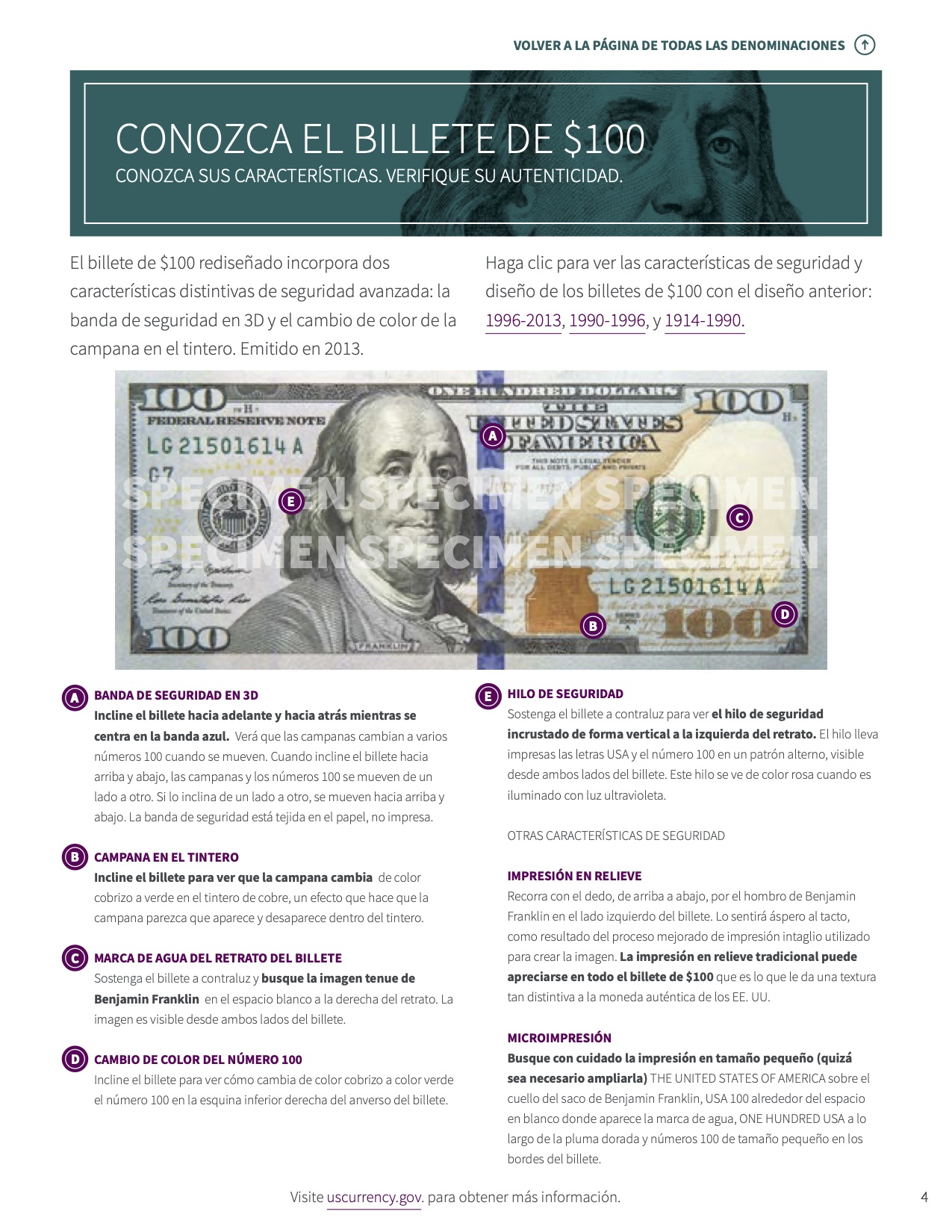 Una imagen de la página 'Conozca el billete de $100' en la Caja De Herramientas para Cajeros Bancarios que detalla varias características de seguridad y diseño de los billetes de $100 de la Reserva Federal