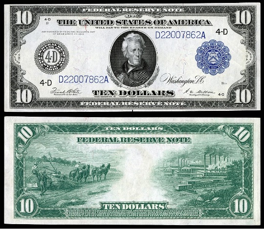 A $10 Federal Reserve Note depicting Andrew Jackson with the signatures of White (Treasurer of the U.S.) and Mellon (Treasury Secretary). 