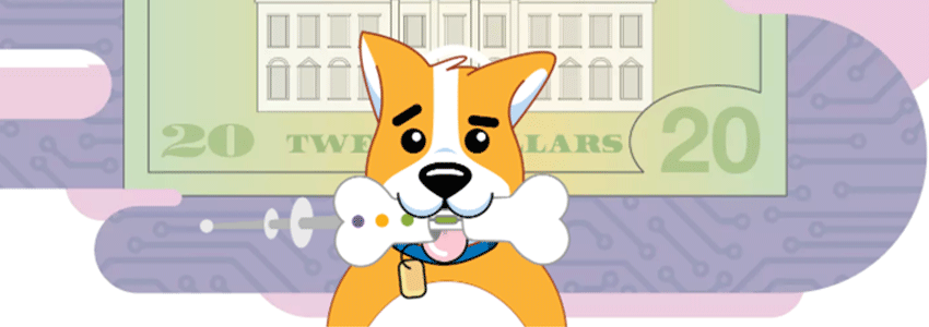 Buck the dog in front of an illustration of a $20 note