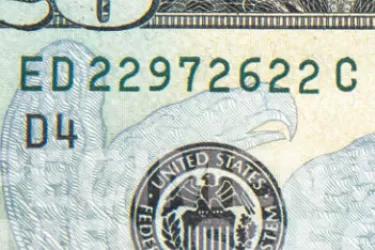 Serial Numbers and Federal Reserve System seal on $20 Federal Reserve Note