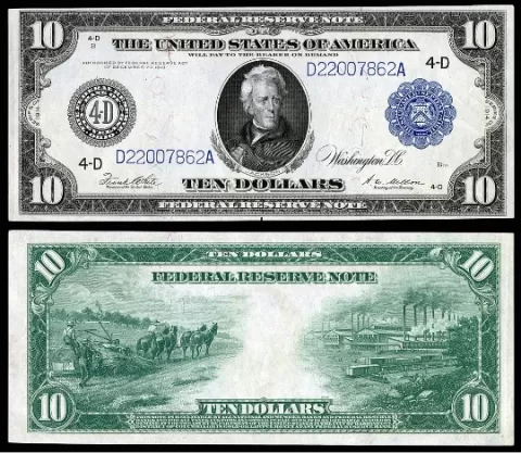 A $10 Federal Reserve Note depicting Andrew Jackson with the signatures of White (Treasurer of the U.S.) and Mellon (Treasury Secretary).