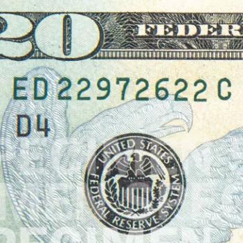 Serial Numbers and Federal Reserve System seal on $20 Federal Reserve Note