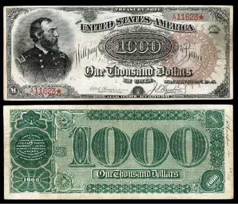 A Series 1890 $1,000 Treasury Note depicting George Meade with the signatures of William Starke Rosecrans and James N. Huston.