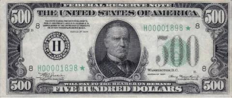 Parte delantera de billete $500 de la Reserva Federal (serie de 1928)