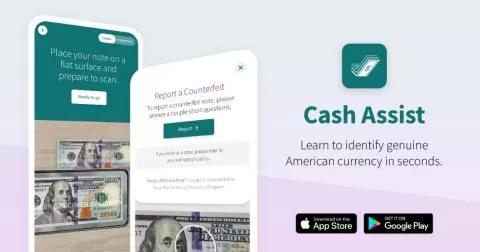 magen promocional de la aplicación Cash Assist con capturas de pantalla y logotipos de App Store.