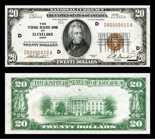 Billete de $20 de la Reserva Federal (1929) que retrata a Andrew Jackson