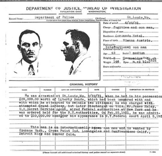 Copy of arrest report of Victor Lustig in St. Louis, June 25, 1931 (Courtesy of the US Secret Service)