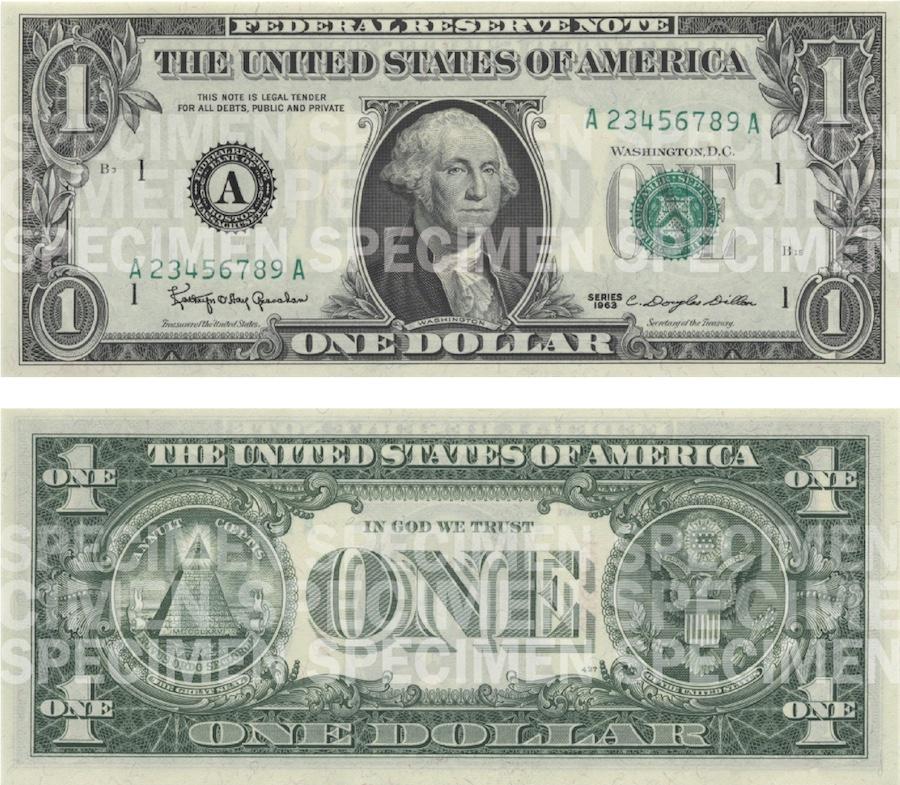 Photos showing a $1 bill front and back.