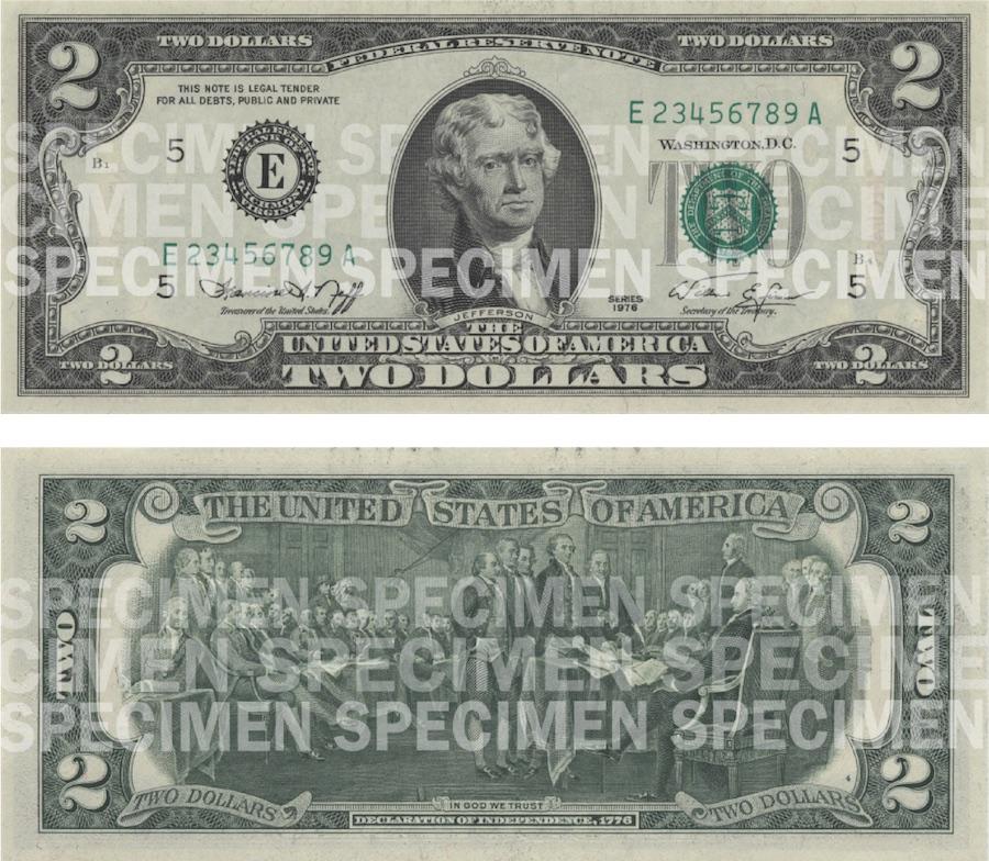 Photos showing a $2 bill front and back.