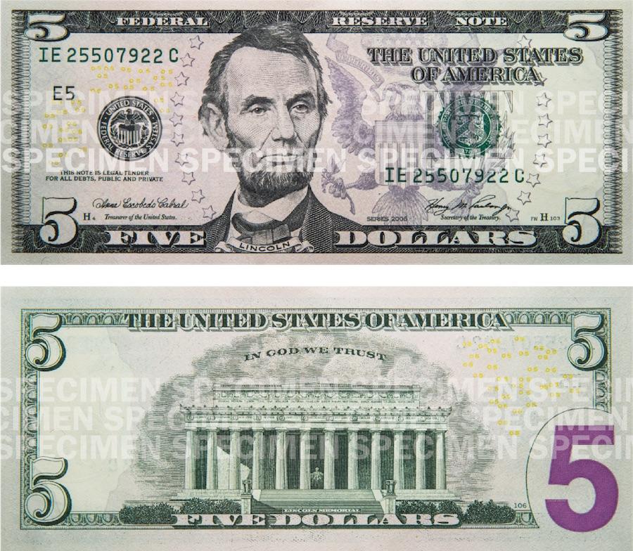 Photos showing a $5 bill front and back.