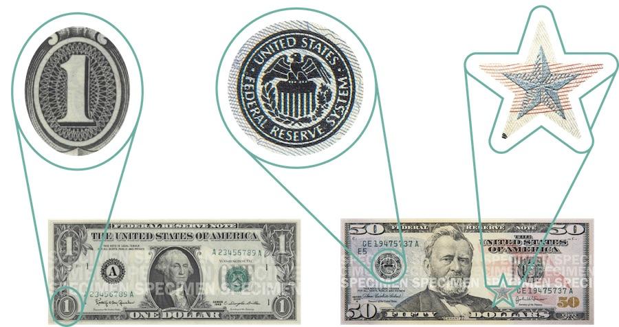 Sections of the $1 and $50 bills zoomed in to show ovals, stars, and circles in the art.