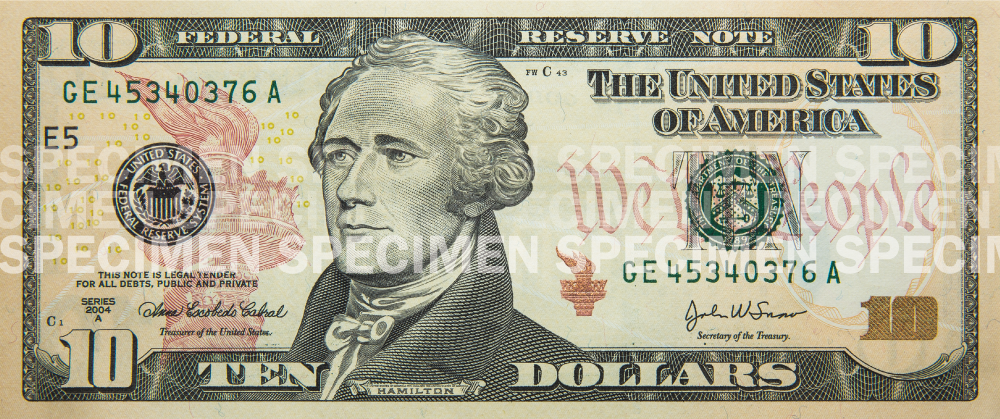 An animated $10 bill tilting backwards.