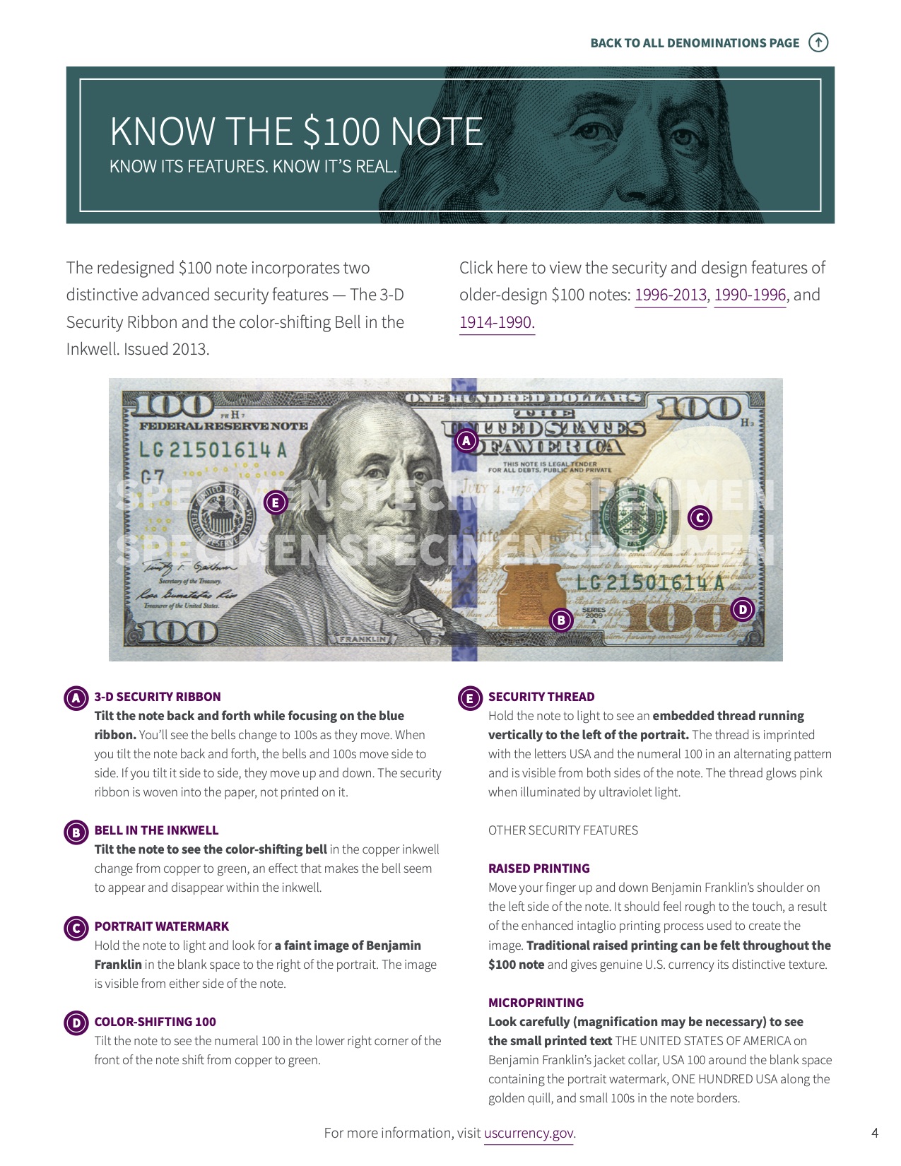 Una imagen de la página 'Conozca el billete de $100' en la Caja De Herramientas para Cajeros que detalla varias características de seguridad y diseño de los billetes de $100 de la Reserva Federal